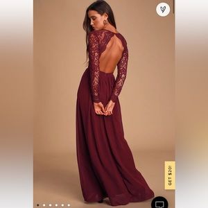 Lulu’s Awaken My Love Burgundy Long Sleeve Lace Maxi Dress